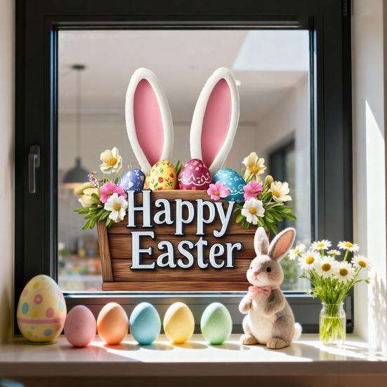 Easter Window Clings Cute Bunny Egg Window Stickers for Glass Windows Double Sided Reusable PVC Decals for Spring Party Home Classroom Decoration
