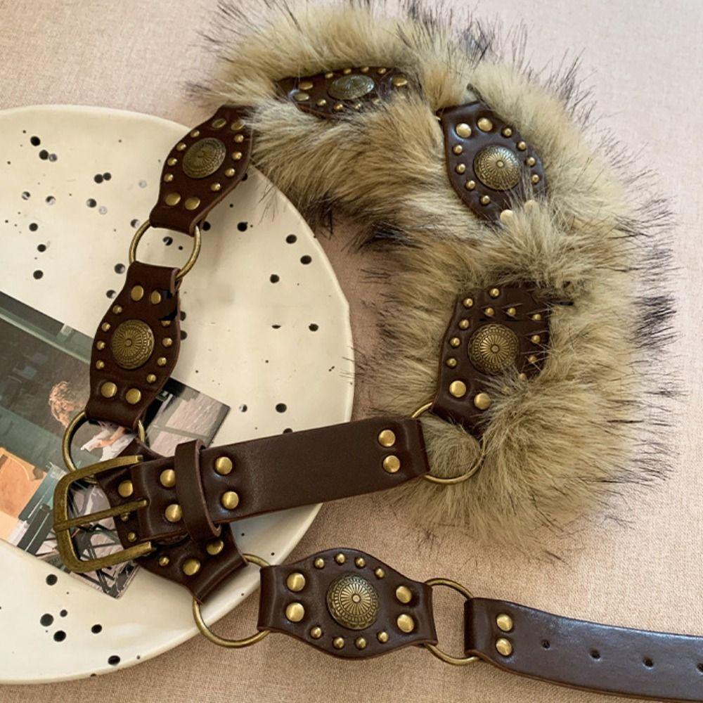 PU Leather Leather Fur Belt Spicy Girl Style Y2K Waistband Fashion Plush Belt  Female/Girls