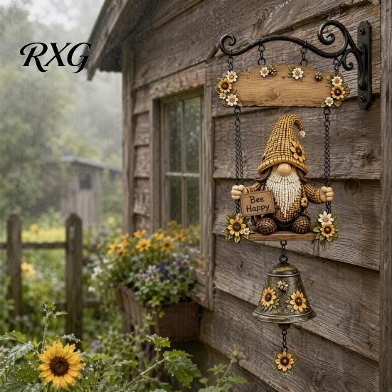 Ladybug Bee Sunflower Gnome Garden Bell, Welcome Outdoor Hanging Doorbell, Forest Theme Home Ornament Wind Chimes for Patio Porch Yard Decorations