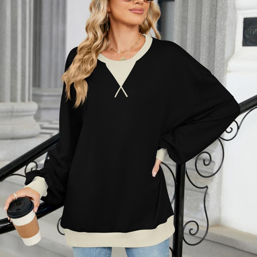 Осенне-зимние пуловеры и длинные рукава женские контрастные цвета с круглым вырезом свободная толстовка больших размеров
