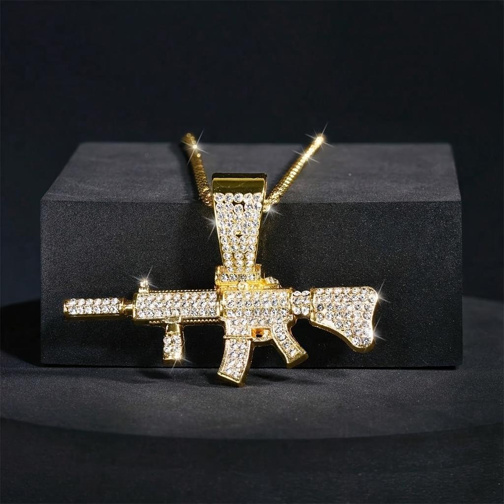 Модная хип-хоп подвеска-ожерелье в виде автомата АК-47 для мужчин, с кристаллами, кубинская цепь, ожерелье с бриллиантовой огранкой, панк-рок, байкерская бижутерия