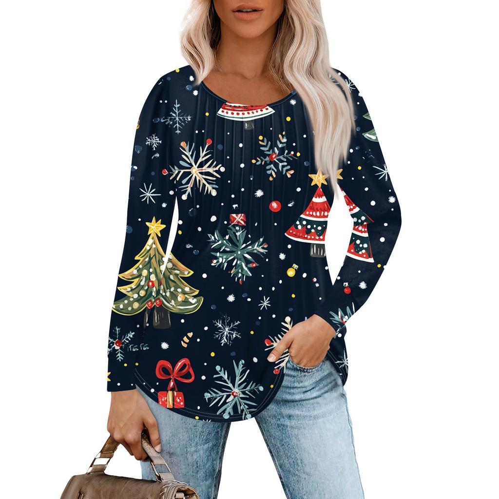 Женская повседневная футболка с круглым вырезом и длинными рукавами с рождественским принтом и складками