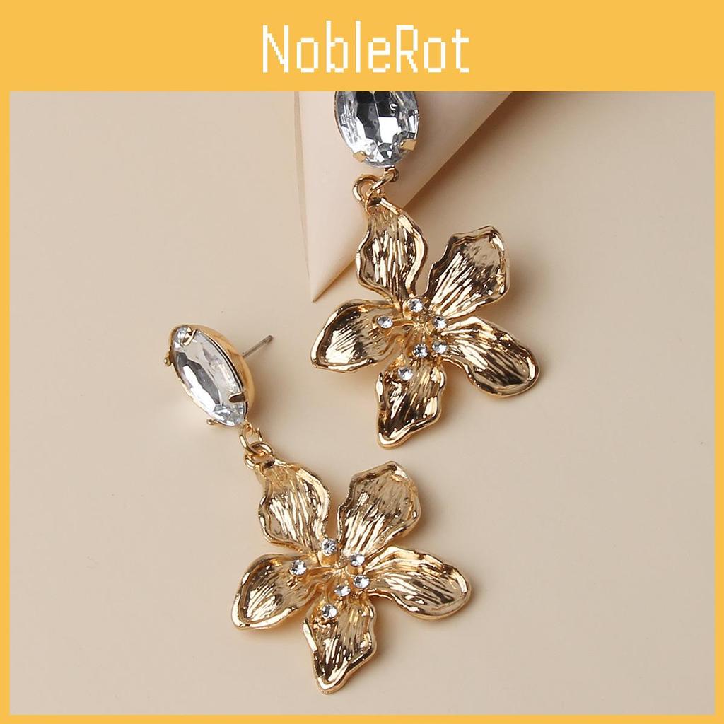 Flower Metallic Gold Earrings With Decorative Stones For Fashion And Celebration