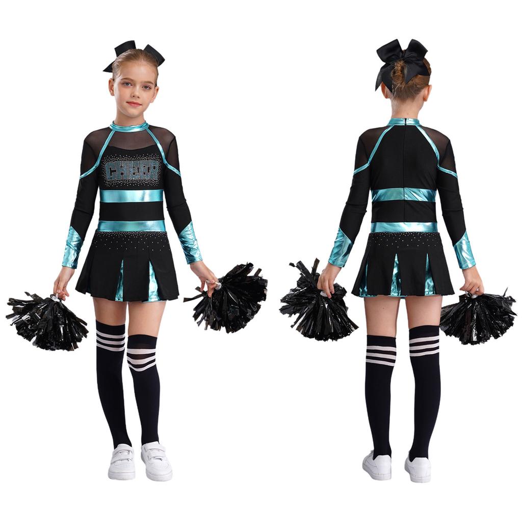 Детский танцевальный костюм Черлидинга для девочек, плиссированное платье с длинными рукавами и головным убором с бантом, комплекты цветов и носков