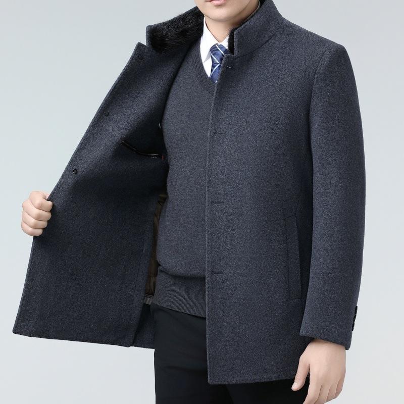 Winter Double-sided Cashmere Coat for Middle-aged Men, Thickened Mink Fur Collar Windbreaker, Mid-length Woolen Down Jacket