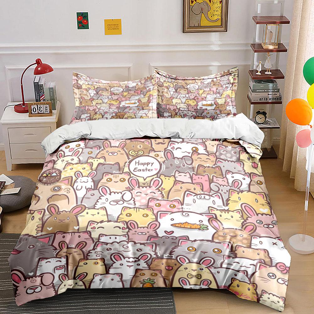 Cute Easter Bunny and Cat Print Bedding Duvet Cover Set (1*Duvet Cover 2*Pillowcases, without duvet insert)