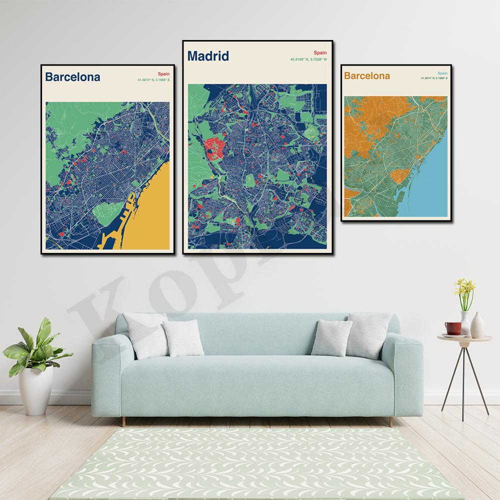 Барселона. Севилья. Бильбао. Мадрид. Альмерия. Цветная карта городов Испании. Искусство стены. плакат