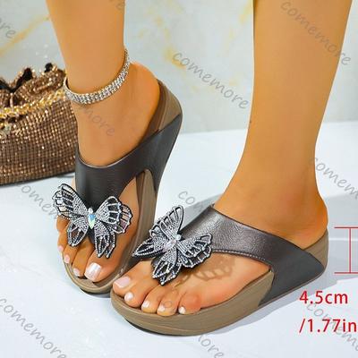 Мода Comemore 2025 Лето Новые Шлепанцы с Бантом из Стразов для Женщин Повседневные Римский Стиль Танкетка Средний Каблук Дамские Тапочки Обувь