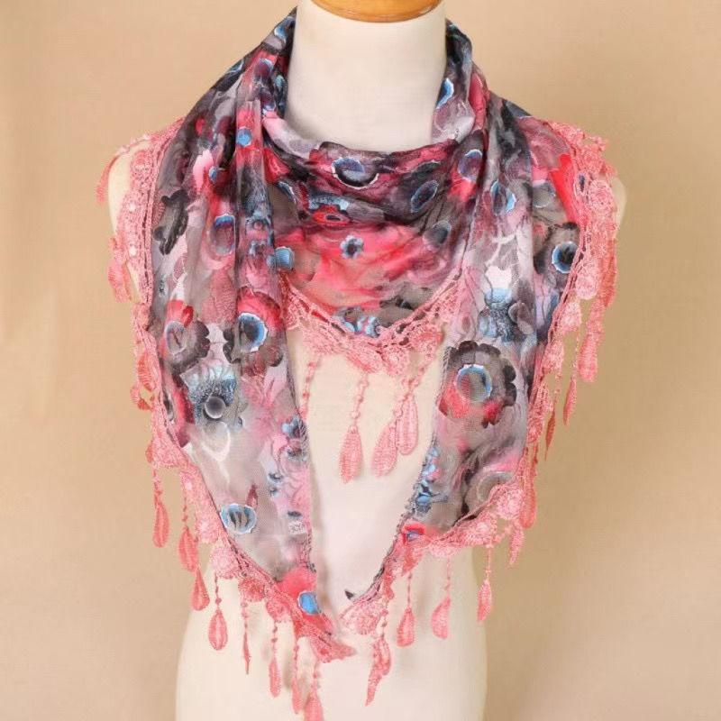 Triangular Scarf with Versatile Lace and Fringe Design, Thin Decorative Fashion Shawl, Women's Headscarf