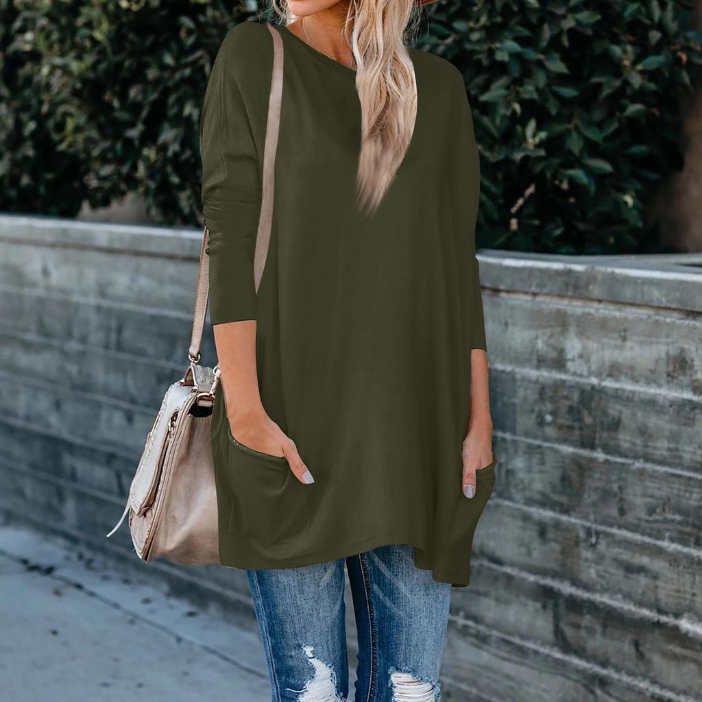 Women's Solid Color O-neck Long Sleeve T-shirt Pocket Size Top