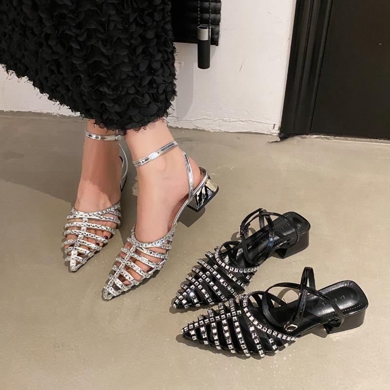 Босоножки на высоком каблуке для женщин 2024 Лето Новые модные остроносые высокие каблуки для женщин Элегантные босоножки со стразами для женщин