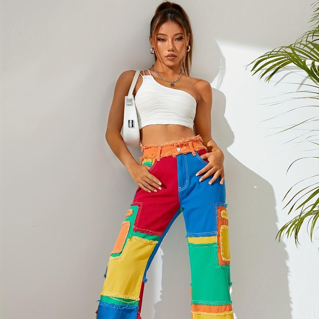 Personality American Dazzling Street Panels Ins Raw Edges Versatile High-waisted Loose Straight-leg Denim Trousers Women