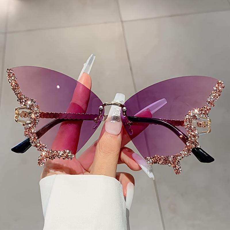 Женские очки-бабочки без оправы, блестящие стразы, градиентные декоративные оттенки, легкая силиконовая опора для носа, дизайн с изогнутыми ножками