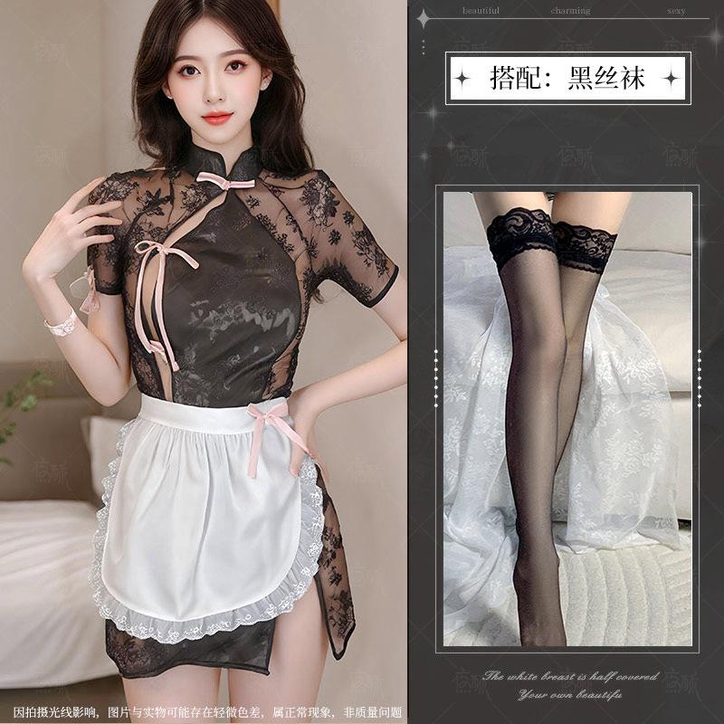 Sex underwear open lace perspective cheongsam maid suit sexy temptation suit