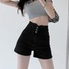 Black Buttoned High Waist Tummy Control Denim Shorts for Women Elastic A-Line Straight Leg Ins Style Wide Leg Hot Pants