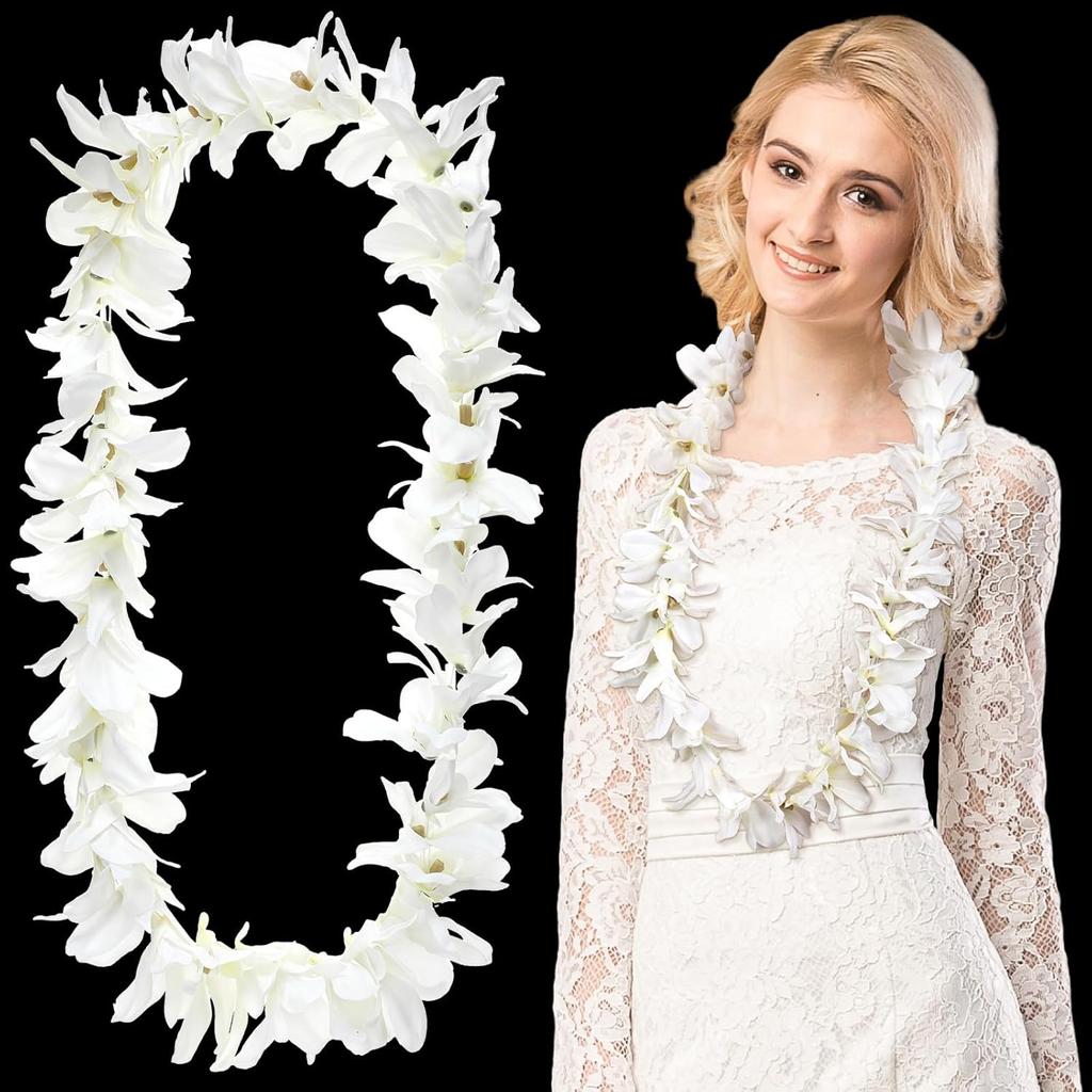 White Orchid Lei Hawaiian Luau Lei Graduation Lei Artificial Orchid Flower Garland Necklace Luau Apparel Accessories for Wedding Graduation Hawaiian