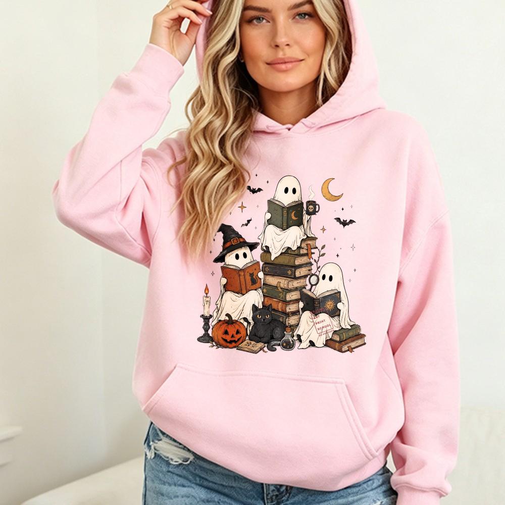 Halloween Book Club Sweatshirt Cute Reading Ghosts and Black Cat Hoodies Funny Spooky Reader Hoodies Book Lover Halloween Hoody