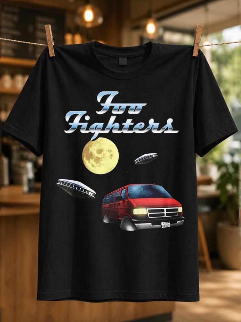 Foo Fighters Moon And Red Van Ufo Scene Metallic Script Logo Night Sky And Retro Road Trip Style Unisex All Tshirt