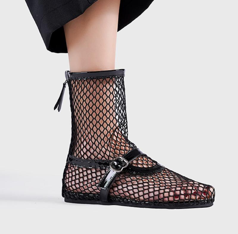 2025 женские новые сетчатые римские сапоги сексуальные короткие сапоги женские новые черные одинарные туфли туфли на плоской подошве
