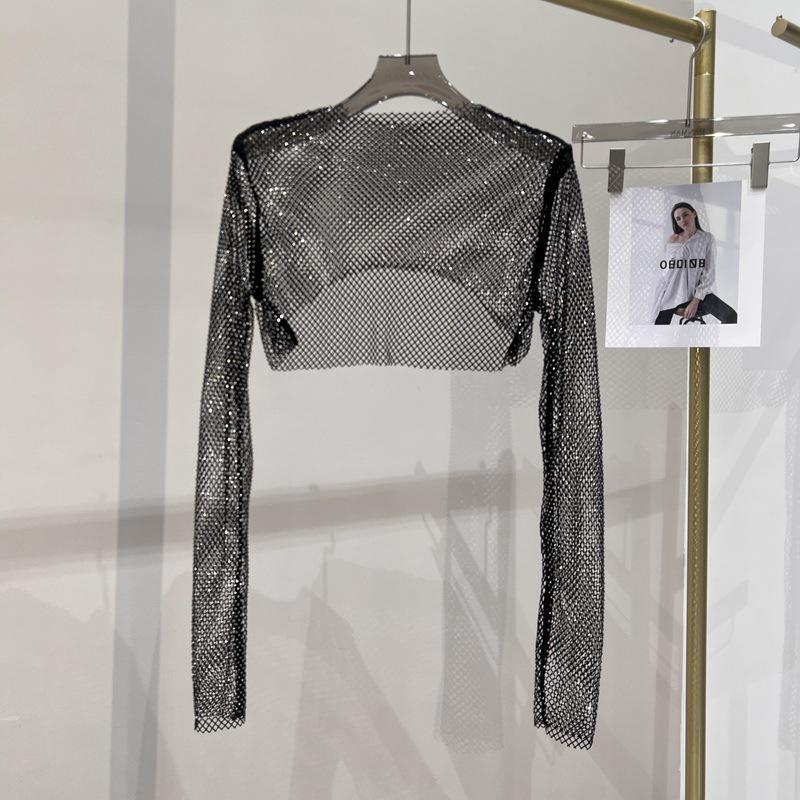 Блестящий сетчатый ромбовидный солнцезащитный топ с длинными рукавами для вечеринки