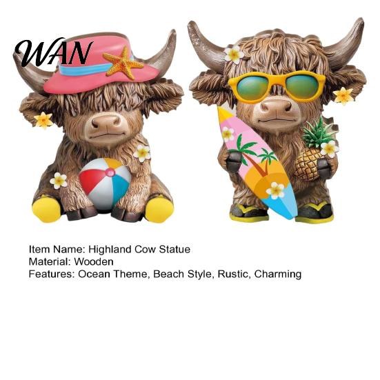 Highland Cow Statue 2 Pcs Summer Figurines Wooden Beach Seaside Fun Vacation Home Decor Scottish for Kitchen Tiered Tray Table With Sunglasses