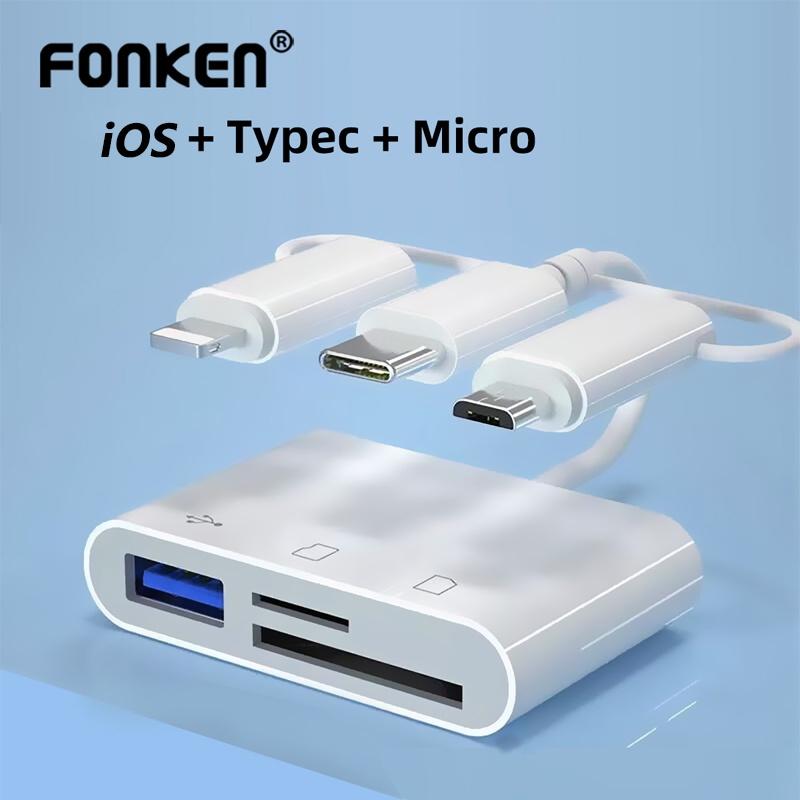 FONKEN Многофункциональное устройство чтения карт памяти 3 в 1 типа C/Micro USB/iOS, SD/TF-карта, USB-передача для телефонов, планшетов, U-дисков