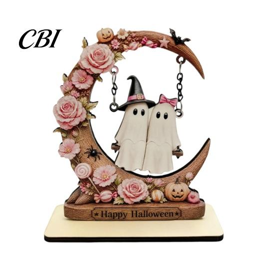 Halloween Ghost Swing Ornaments Moon Figurine, Reading on with Floral Whimsical Holiday Props Pumpkin Accents, Wooden Bookshelf Decor for Desk Mantel