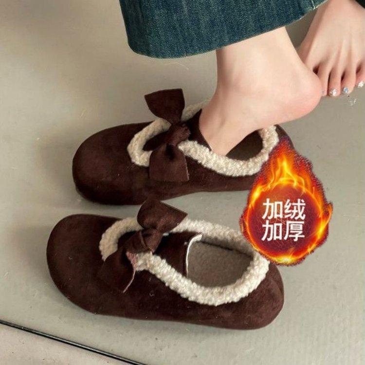 Бархатные Birkenstocks «все включено» Новые осенне-зимние пушистые туфли с бантом хлопковые туфли