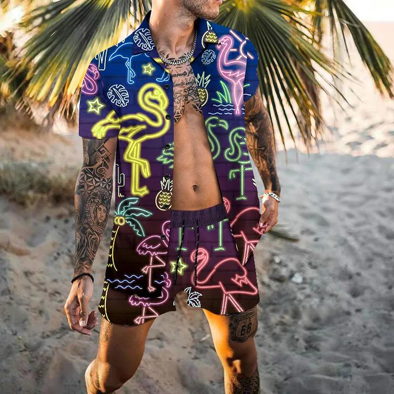 Мужской гавайский мужской кардиган шерстяной свитер летняя рубашка с короткими рукавами и пуговицами с 3D-принтом пляжные шорты праздничный мужской повседневный костюм-двойка