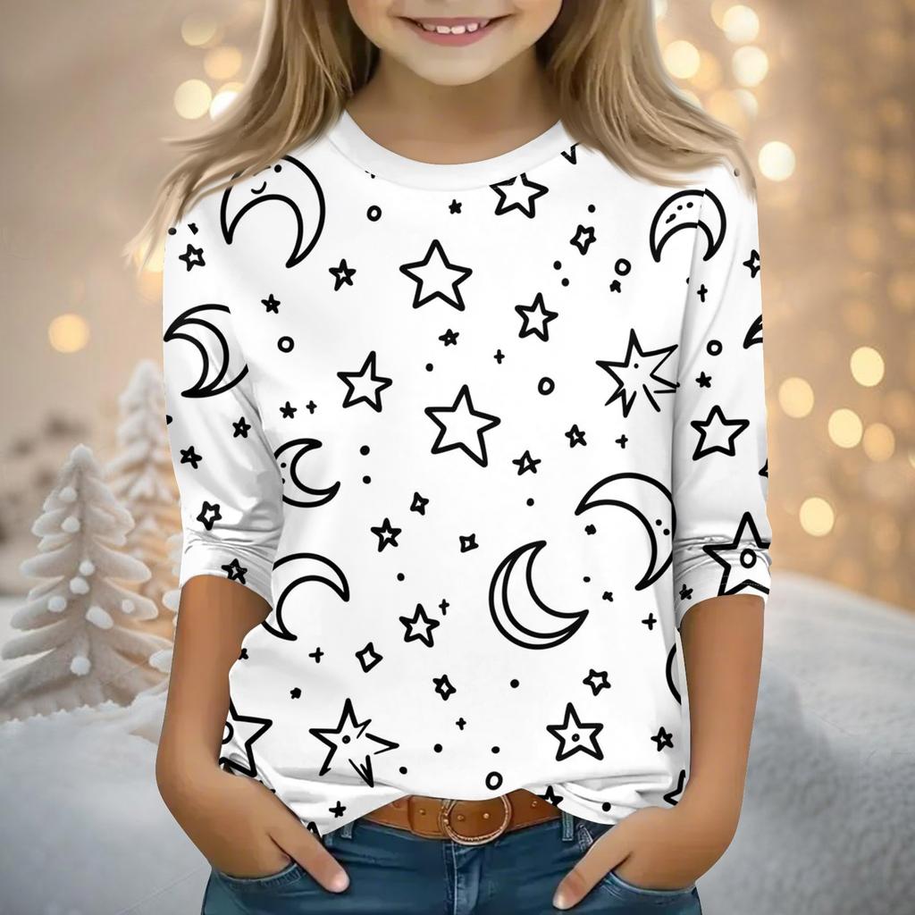 Детские топы с рукавами 3/4, футболка с принтом, круглый вырез, пуловер, блузка, детские раскрашенные вручную цветные топы