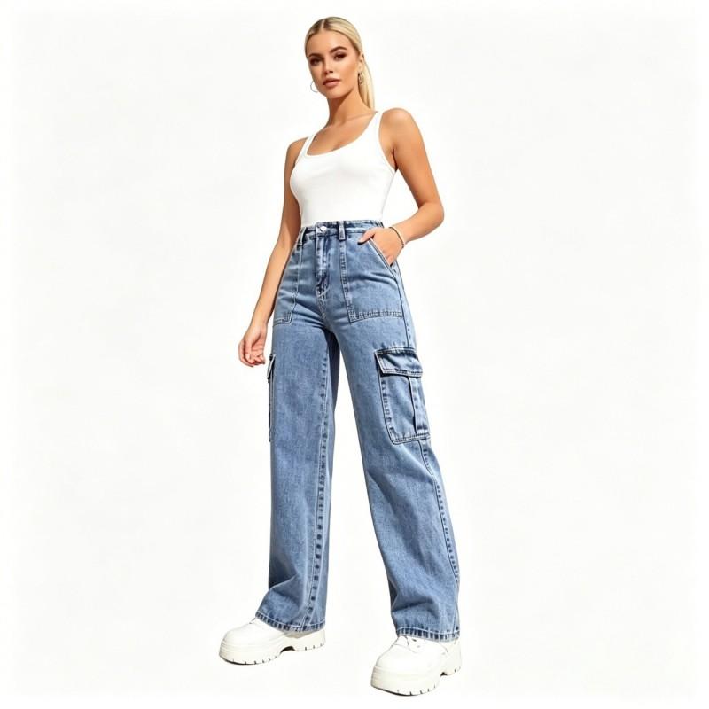 Womens High-Waisted Straight Leg Denim Cargo Pants With Multiple Pockets Casual Style