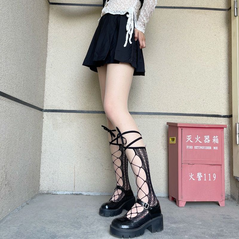 3 пары чулок в стиле готической Лолиты, сетчатые кружевные длинные носки, тонкие сетчатые носки с бантом, полые носки для голени
