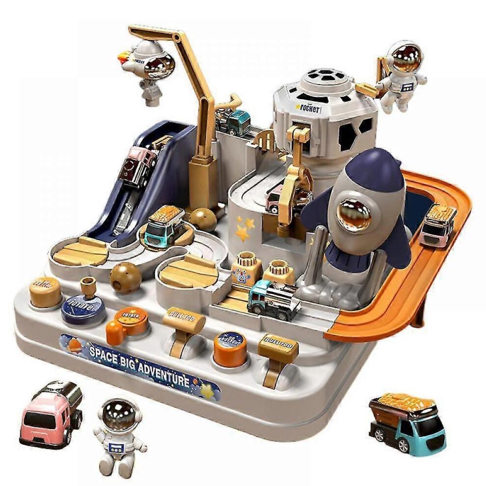 Introducing Our Puzzle Space Adventure Race Track Playset - Kids Inertia Car Toy with Sliding Tracks and Parking Lot - Perfect