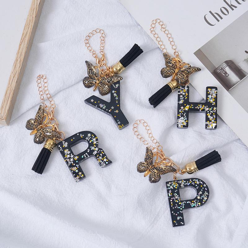Подвески-буквы от A до Z, черная кисточка-бабочка, брелок с инициалом, имя, идентификатор, персонализированная ручка, подвесное украшение, кулон для сумки