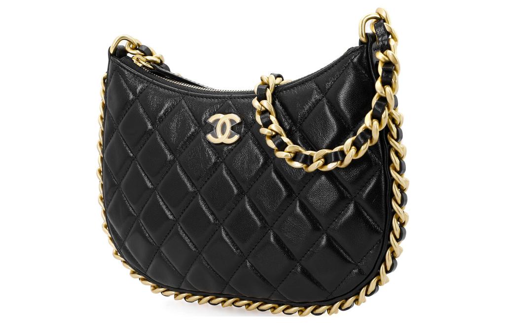 Chanel 23B Black Quilted Lambskin Gold Buckle Chain Hobo Shoulder Underarm Crossbody Handbag Women Bag
