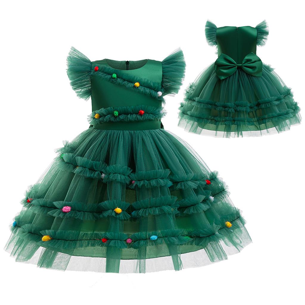 Kids Xmas Party Dress Girls Christmas Tree Tutu with Pompoms Flying Sleeve for Holiday Photo Shoot Celebration