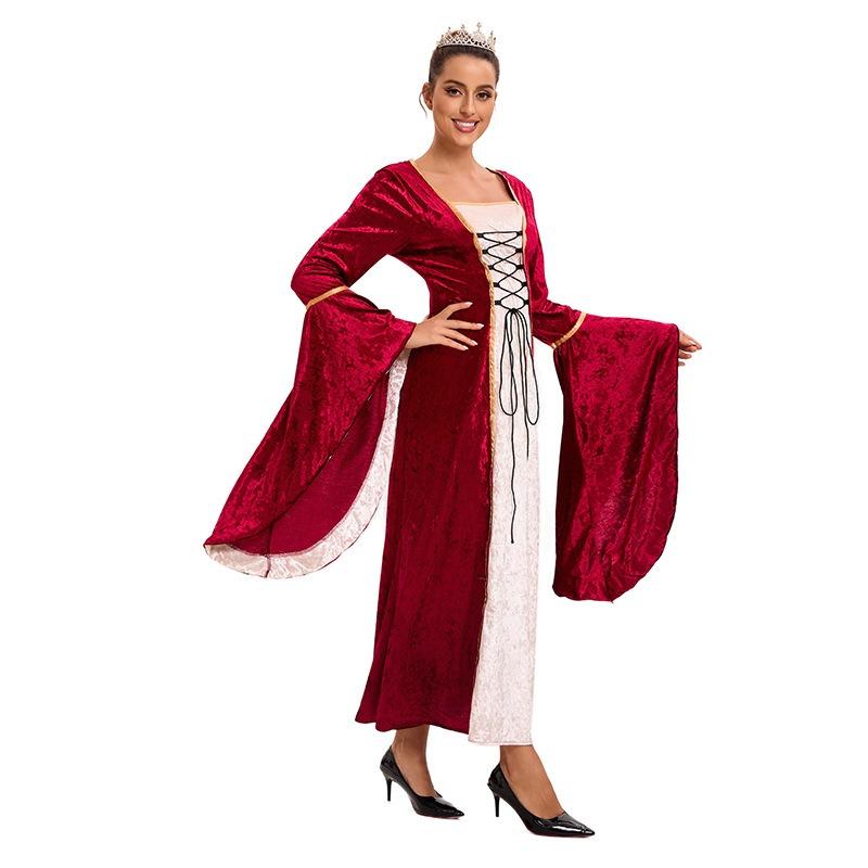 Hot Sale Women's Medieval Costumes Golden Velvet Straps Horn Sleeves Long Dresses Party Stage Performance Costumes