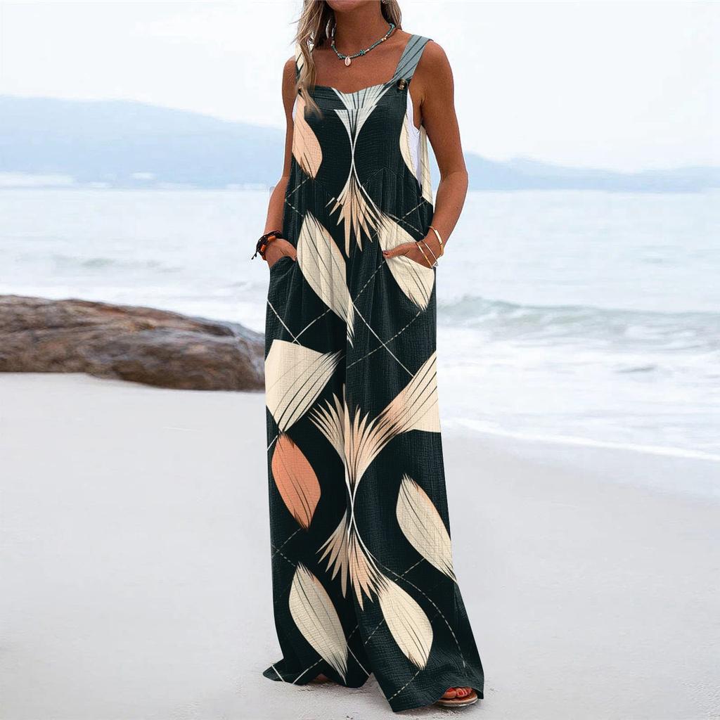 Женский модный повседневный свободный комбинезон без рукавов с карманами и принтом