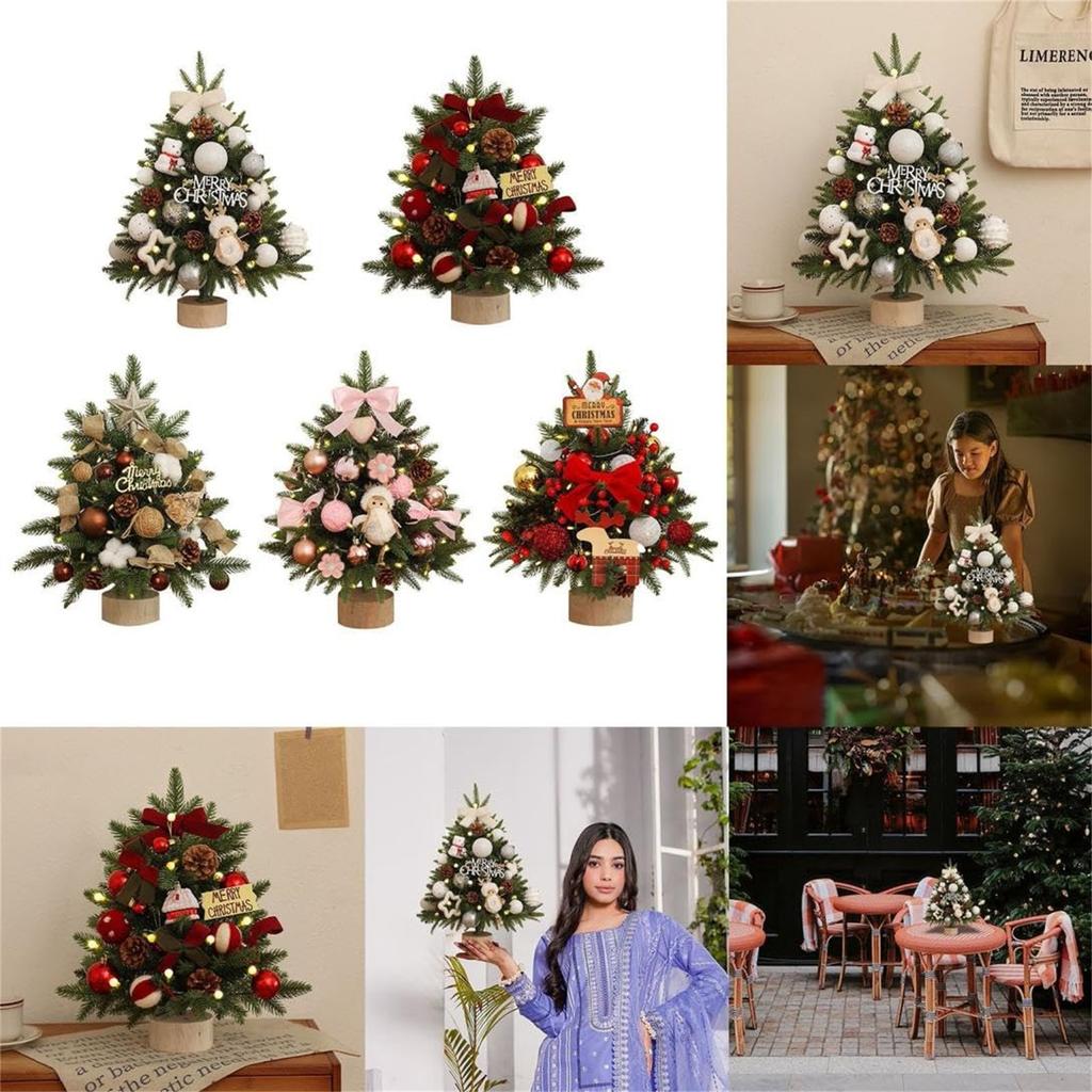 Настольная новогодняя елка, 18-дюймовая настольная новогодняя елка с деревянной основой, предварительно освещенная новогодняя елка с украшениями для помещений