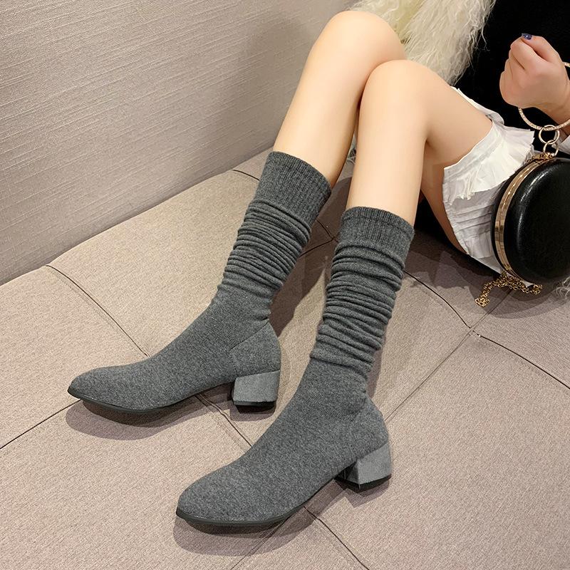 French Solid Color Pointed Thick Heel Knee Boots Women's 2025 Autumn and Winter New Retro Versatile High Heel Thin Socks Boots