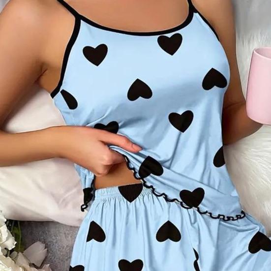 Женский пижамный комплект на бретельках без рукавов с принтом в виде сердца и шортами с оборками, комплект из двух предметов для сна, летний домашний костюм