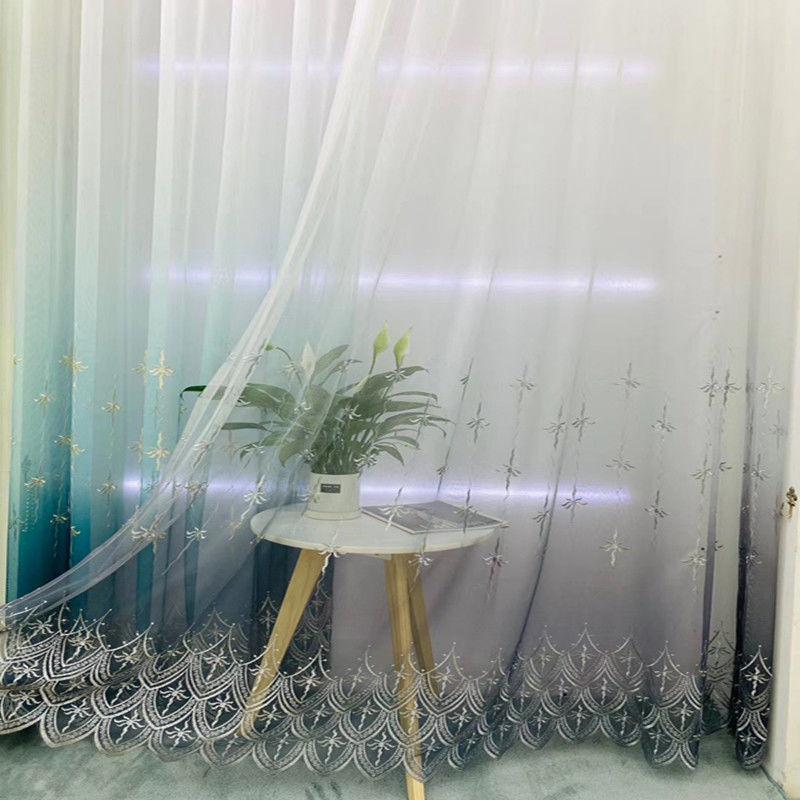 Flower Golden Embroidered Sheer Voile Curtain with Top Lace Valance, Suitable for Living Room, Bedroom, Kitchen Home Decor