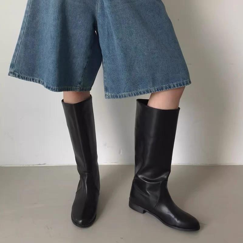 Cowhide Version~ South Korea's Dongdaemun Niche Leather Big Tube Circumference Tall Knight Boots for Women Are Thin But Knee-long Boots