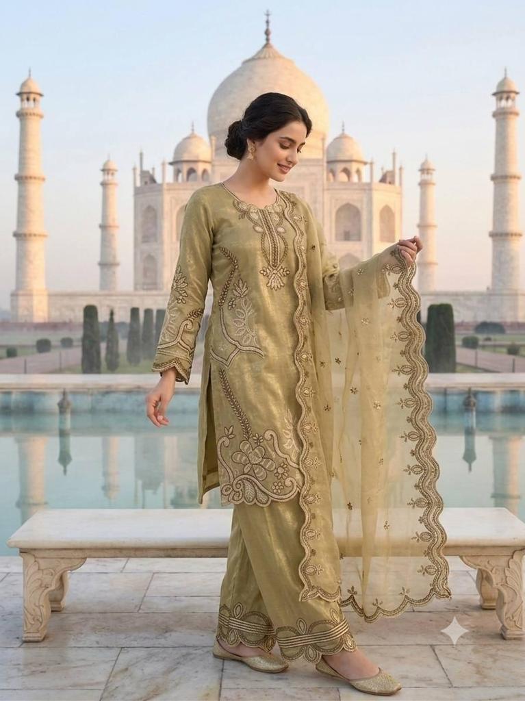 Regal Olive Gold Tissue Silk Embroidered Palazzo Suit Set