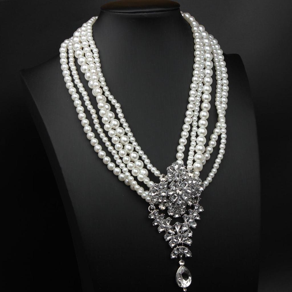 Multi-layer Pearl & Crystal Gem Water Drop Pendant Necklace - Exaggerated Fashion for Women