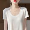 Женская летняя футболка с коротким рукавом, 50% шелка тутового дерева и полиэстера | Легкий дышащий облегающий повседневный топ