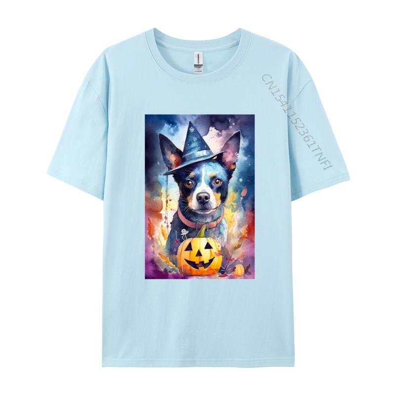 Halloween Blue Heeler With Pumpkins Dog T Shirt New Coming Cotton Adult T Shirt Slim Fit Fitted Round Neck TShirt