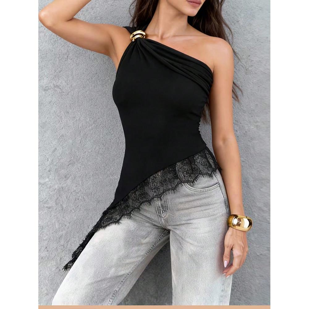 Women's One Shoulder Lace Tank Top Sleeveless Asymmetrical Ruched Y2K Going Out Tops