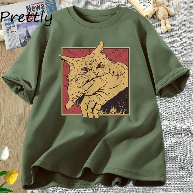 Винтажная футболка Cat Bite Японский хоррор Ретро графическая футболка Хоррор кошки Сумасшедшие футболки Мужская женская мода Футболки с коротким рукавом
