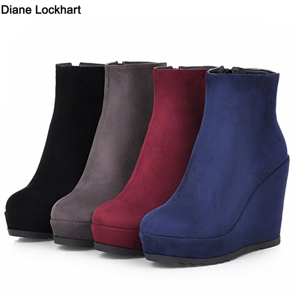 Мода 2025 Осень Зима Новые Стильные Женские Ботильоны Сексуальная Платформа Круглый Носок Клинья Ботинки Женские Ботильоны Большой размер 34-42 Синий Красный